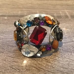 Chunky Silver Tone Multicolor Rhinestones Cuff Bracelet 5 1/4" Long